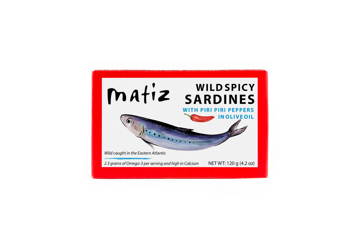 Box of Matiz Wild Spicy Sardines with Piri Piri Peppers on a white background