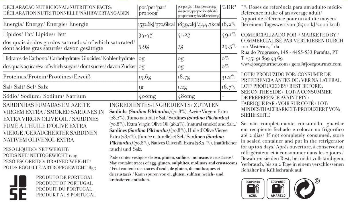 Nutritional facts label and ingredients list for Jose Gourmet Smoked Sardines in Extra Virgin Olive Oil