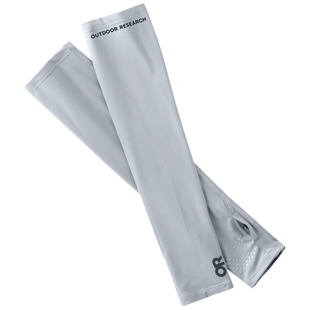 Outdoor Research ActiveIce Sun Sleeves in Titanium Grey on a neutral background.