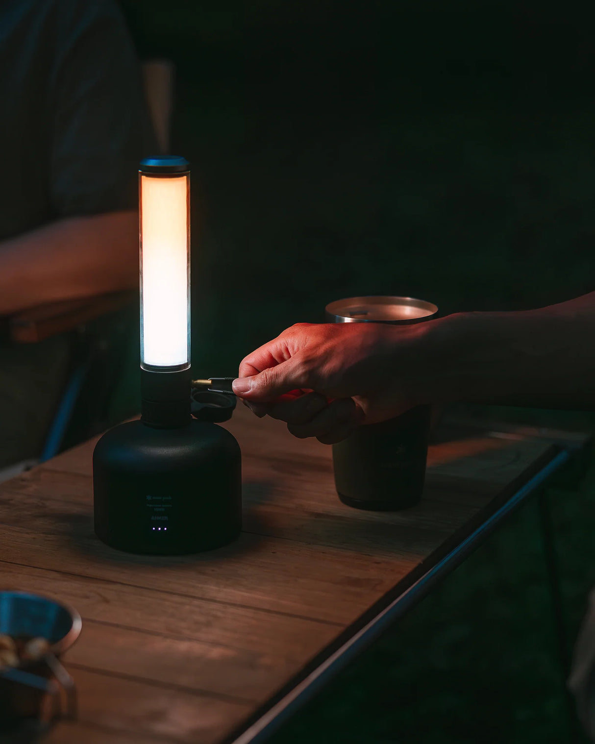 Snow Peak GigaPower Tabletop Lantern being used while camping.