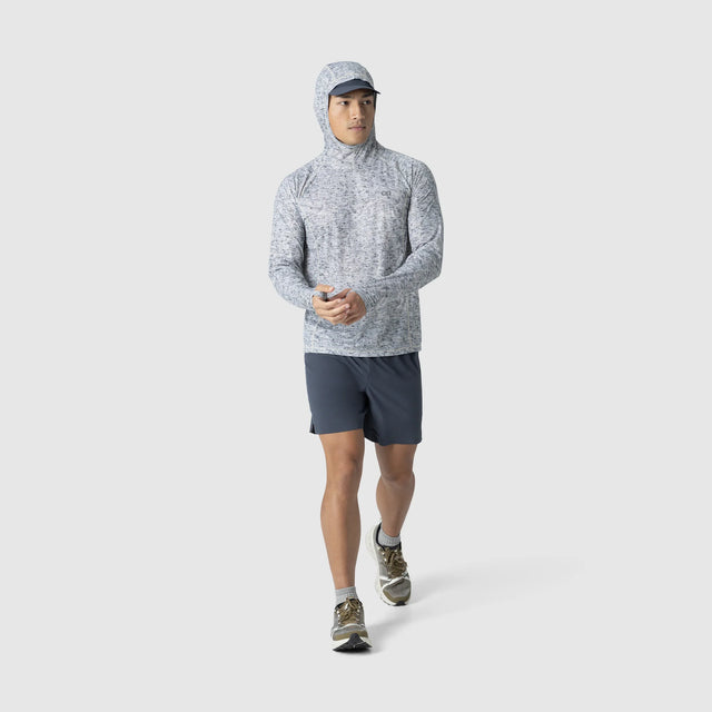 Outdoor Research Men's Echo Sun Hoodie in Oyster Traverse Print on a neutral background.