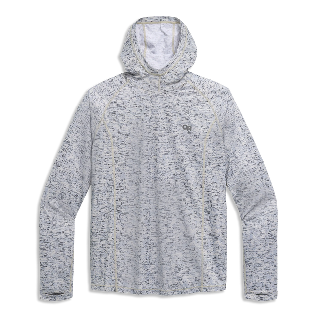 Outdoor Research Men's Echo Sun Hoodie in Oyster Traverse Print on a neutral background.