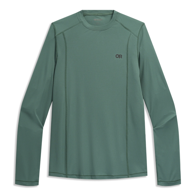 Outdoor Research Men's Echo Long Sleeve Tee in Malachite on a neutral background.