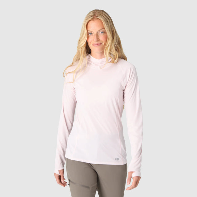 Outdoor Research Women's Echo Sun Hoodie in Cherry Blossom on a neutral background.