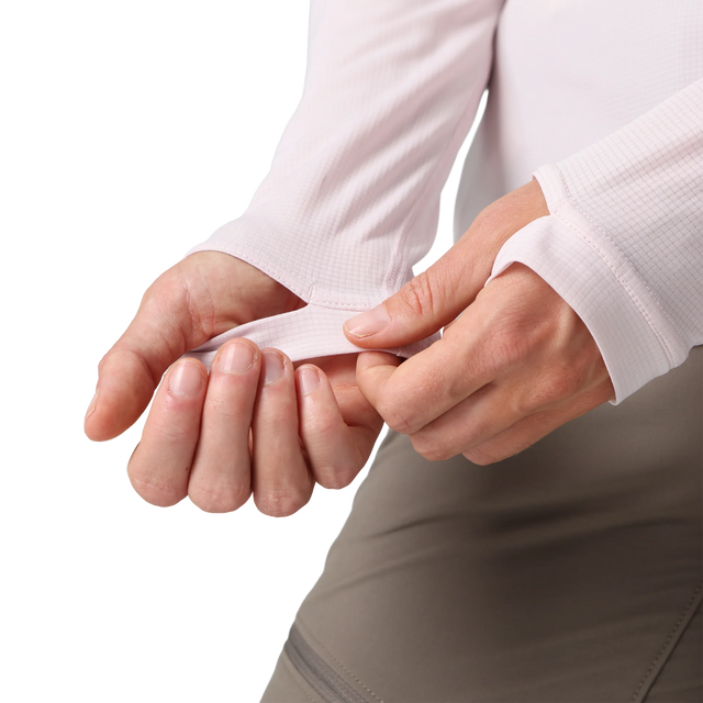 Outdoor Research Women's Echo Sun Hoodie in Cherry Blossom on a neutral background.