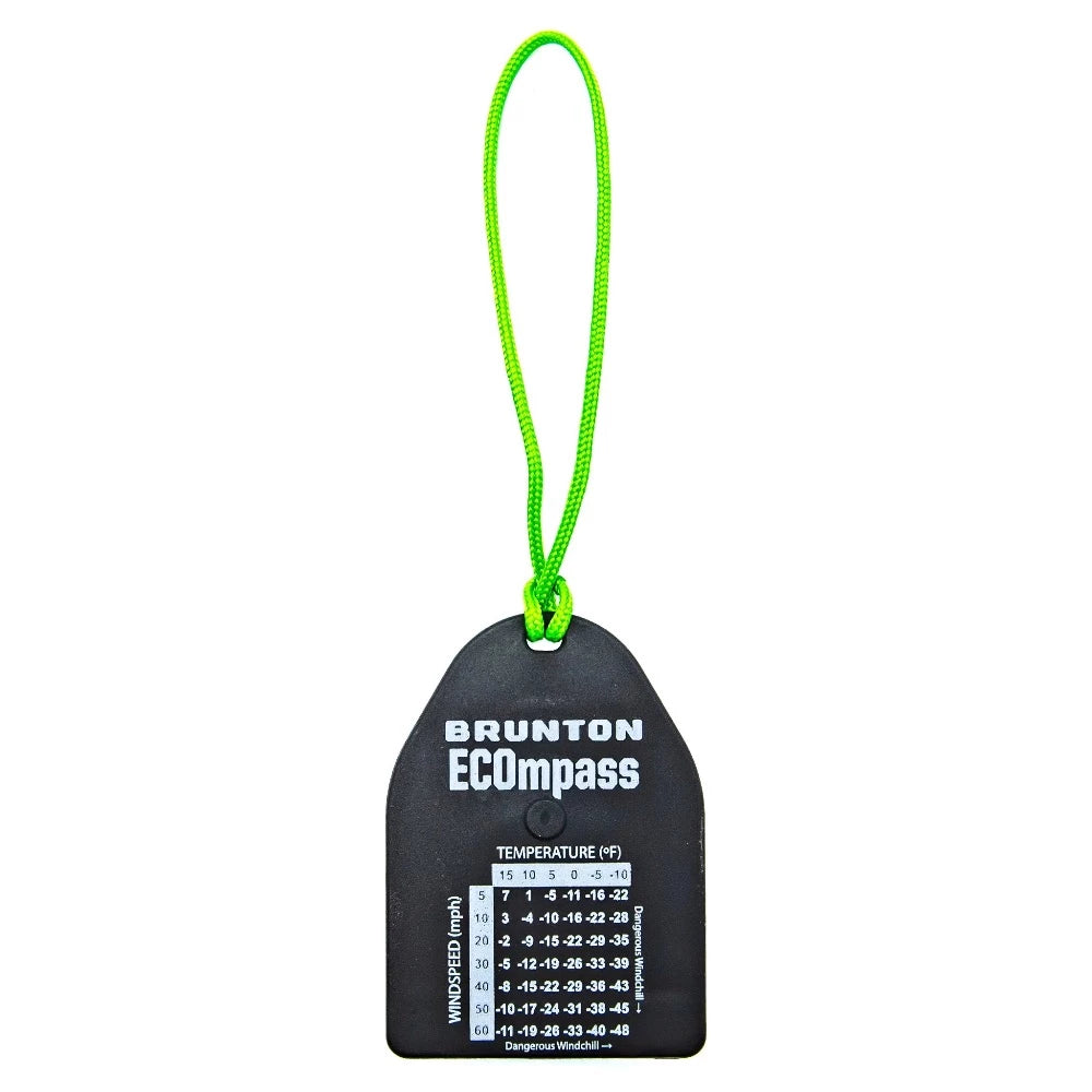 Brunton Tag-Along 9045 Chill ECO Compass features a black background and neon green cord lanyard with the rear of the compass including a wind chill chart.