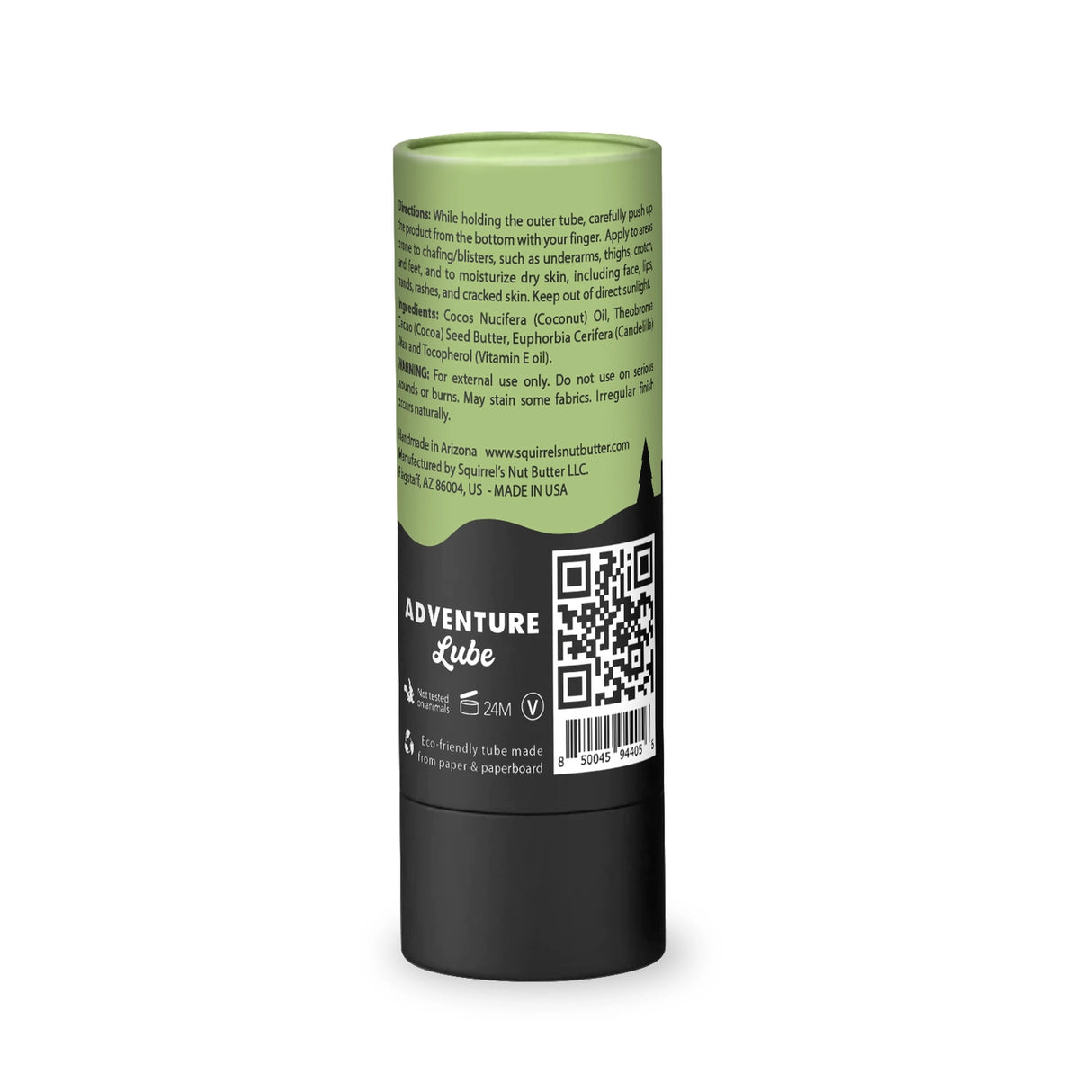 Squirrel's Nut Butter Anti-Chafe balm in an eco-friendly compostable tube with brand logo, emphasizing sustainable packaging.