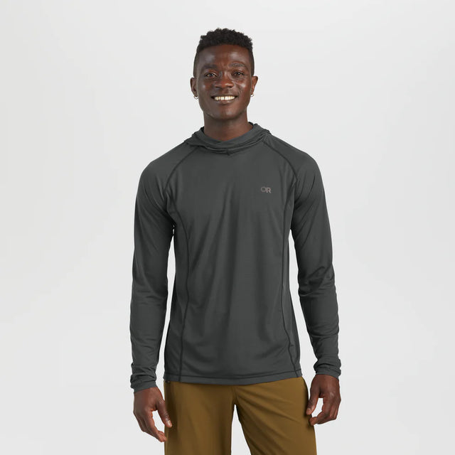 Outdoor Research men's Echo Hoodie sun hoodie in Storm on a neutral background.