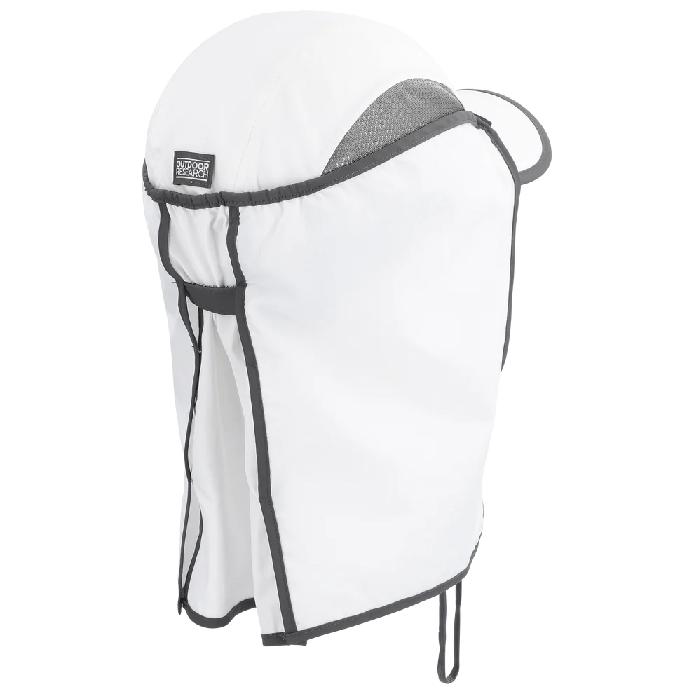 Outdoor Research Sun Runner Cap hiking hat in White/Dark Grey on a neutral background.