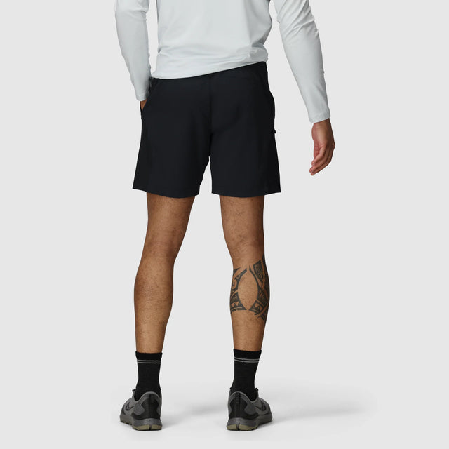 Person wearing Outdoor Research Men's Swift Lite Hybrid Shorts 7" in Black on a white background