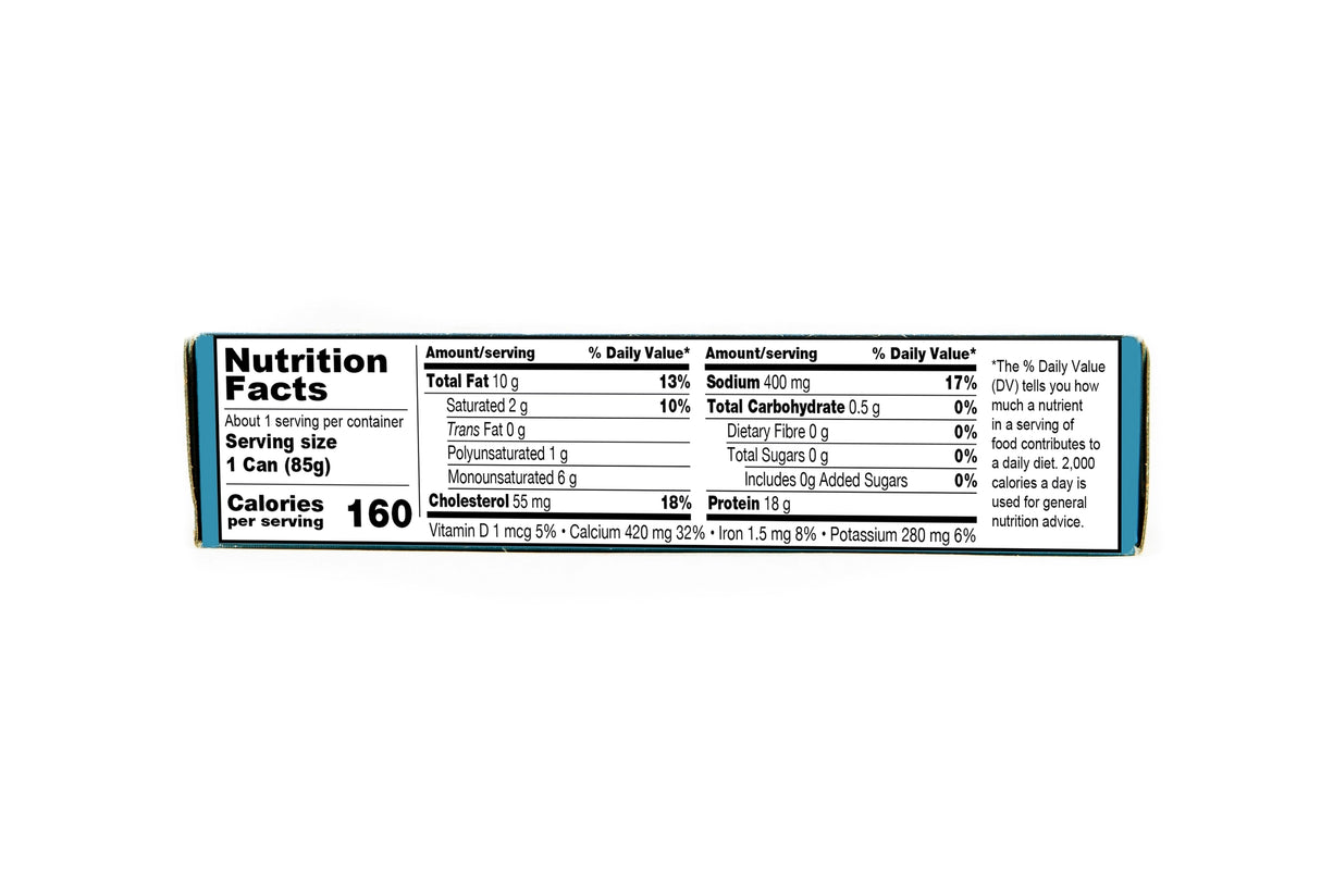 Matiz Wild Small Sardines with Sweet Piquillo Peppers nutrition facts label on a white background