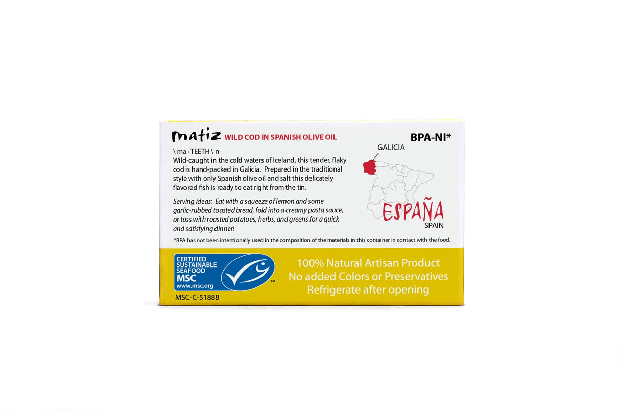 Packaging of Matiz Wild Cod in Spanish Olive Oil with branding and certification logos on a white background.