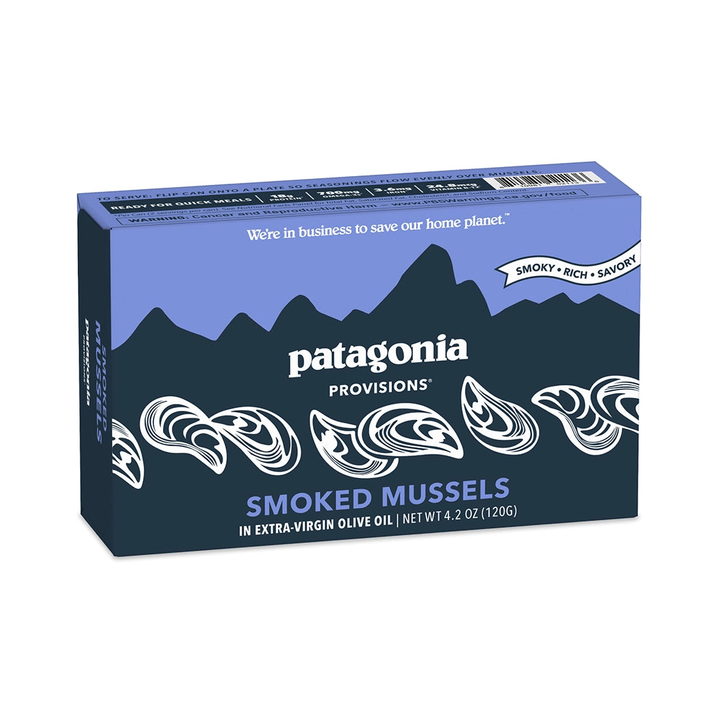 Patagonia Provisions smoked mussels packaging with mountain design