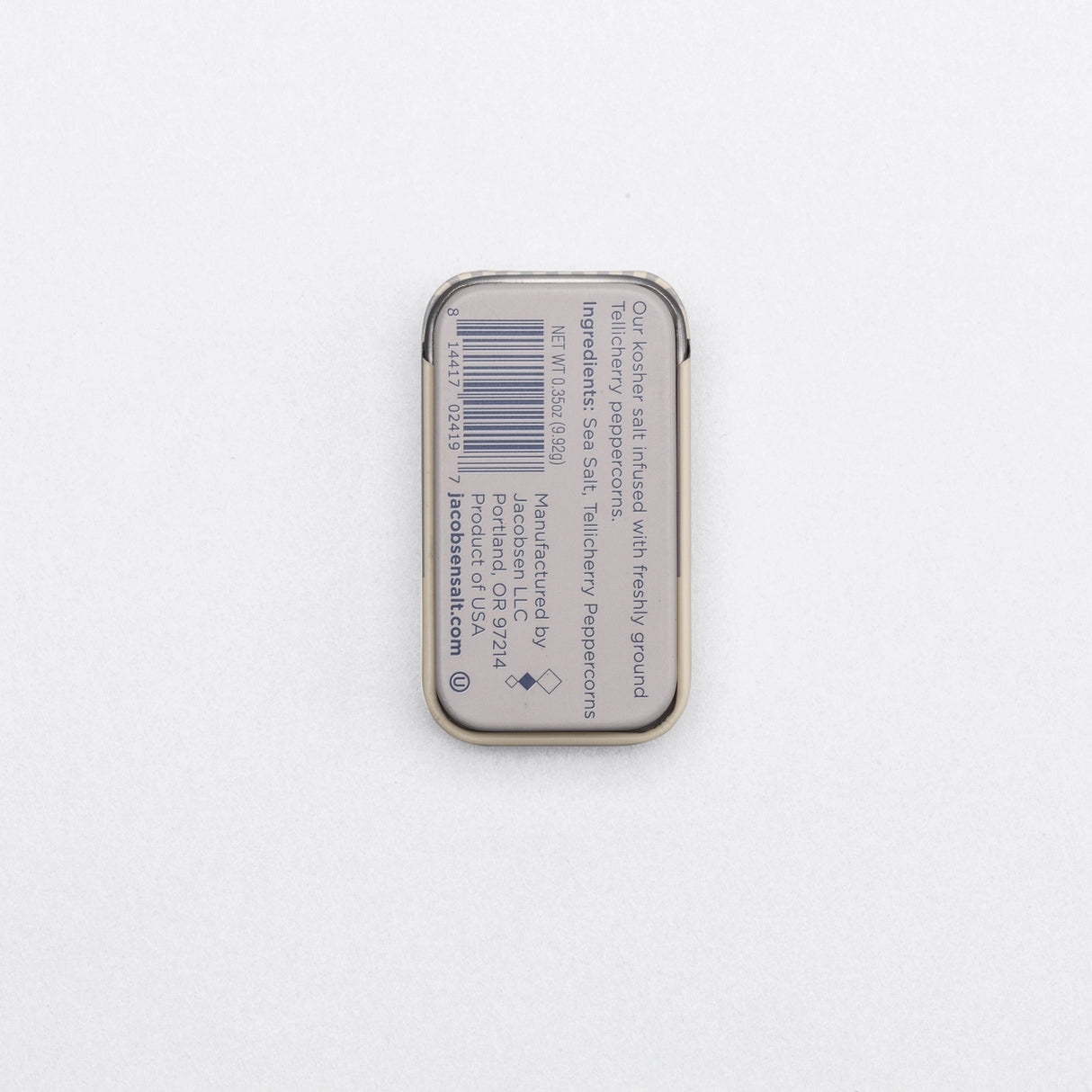 Jacobsen Salt Co. Infused Black Pepper Sea Salt Slide Tin on a white background