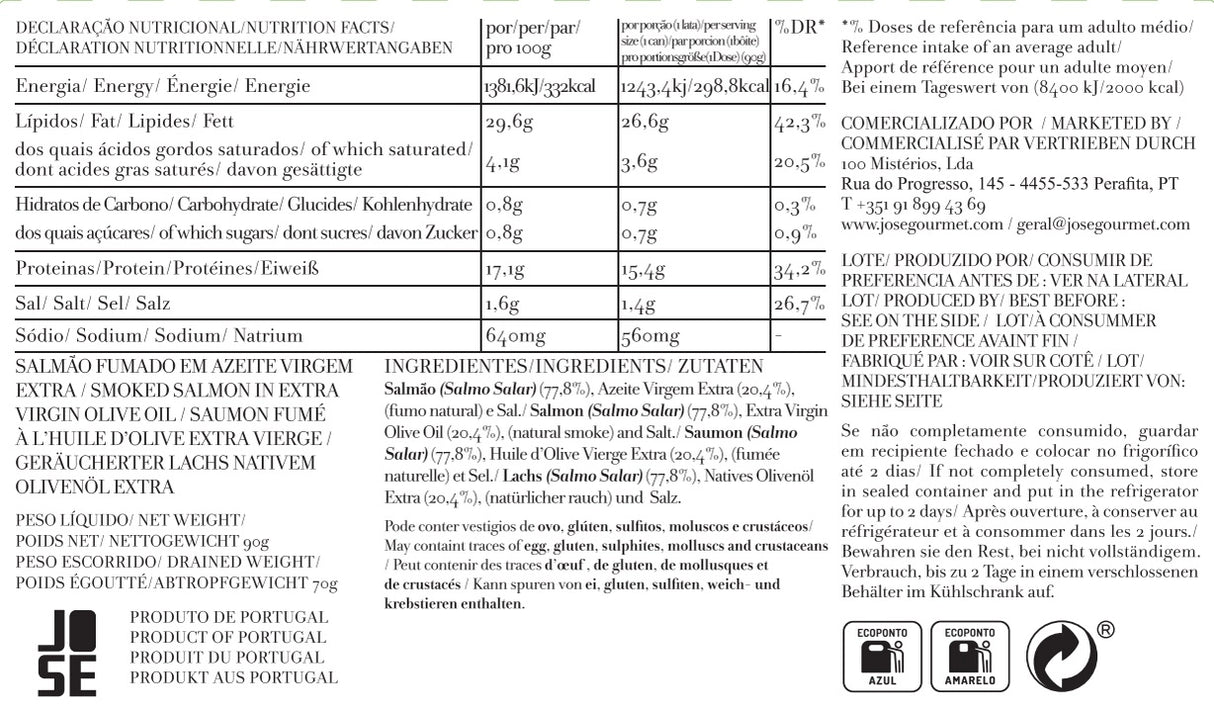 Nutritional facts and ingredients label for Jose Gourmet Smoked Salmon in Extra Virgin Olive Oil