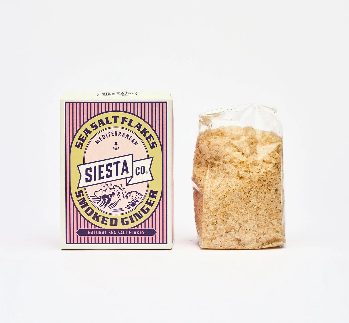 Packaged Ginger Sea Salt Flakes with 'Siesta Co' branding on a white background