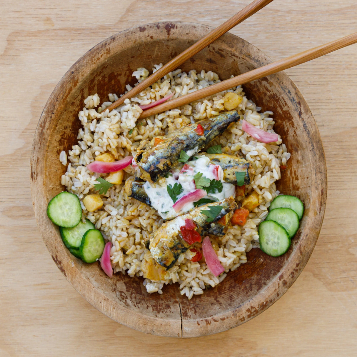 Patagonia Provisions Sardines in Coconut Curry Sauce tinned fish in a rice bowl.