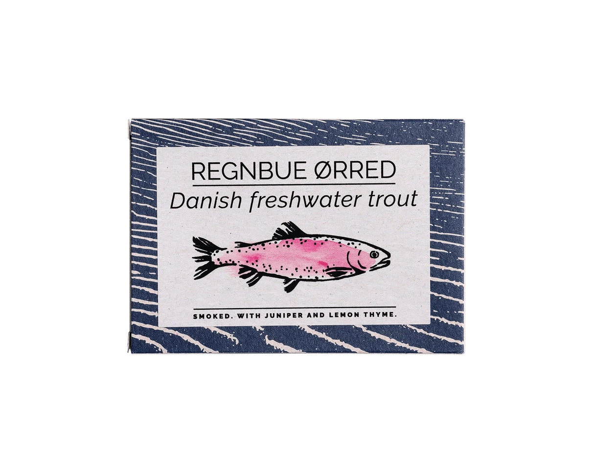 Packaging of Fangst Danish Smoked Trout with Juniper & Lemon Thyme with a fish illustration on a white background.