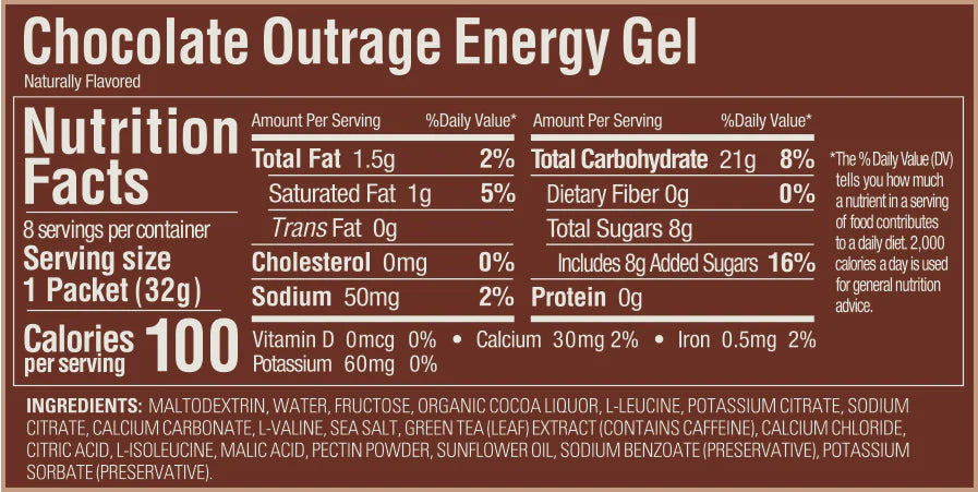 Gu Energy Gel nutritional information for Chocolate Outrage.