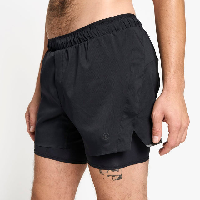 Ciele Athletics M DLYShort 5" Long Brief Short men's running shorts in Shadowcast worn by a man on a neutral background.