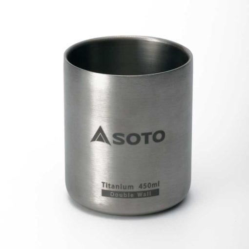 SOTO Aero Mug 450 ml titanium camp mug on a neutral background.