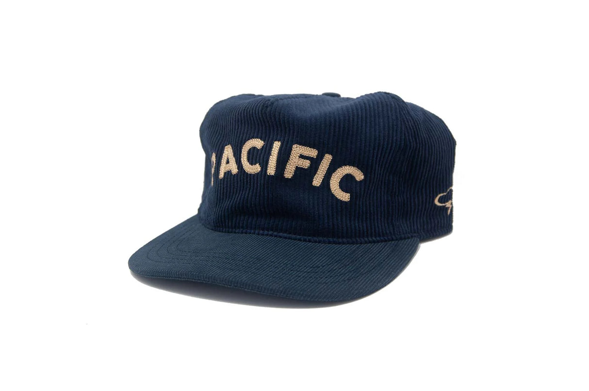 Navy blue Ampal Creative Pacific III Cord Strapback Hat with 'PACIFIC' embroidered on a white background