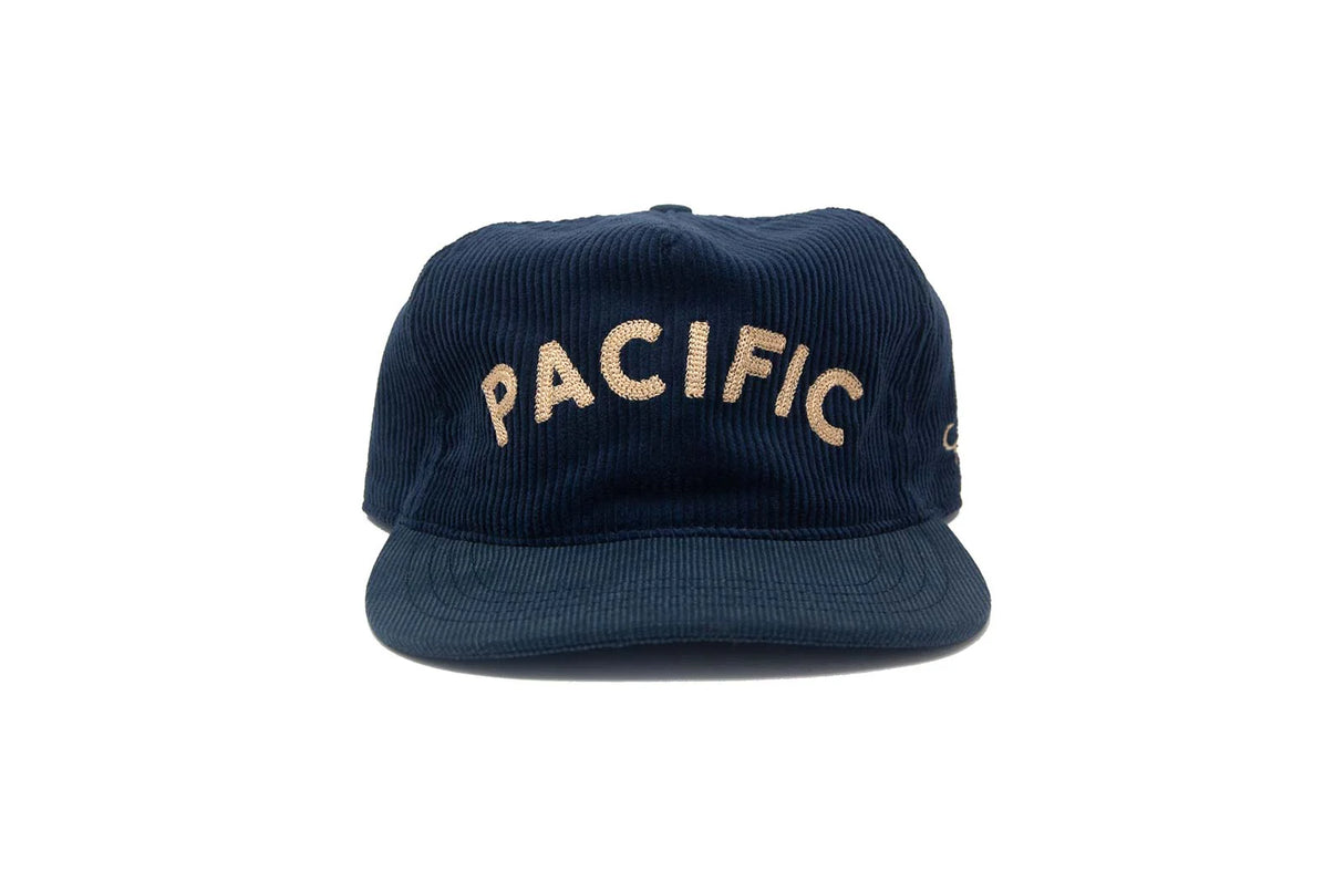 Navy blue Ampal Creative Pacific III Cord Strapback Hat with 'PACIFIC' embroidered on a white background