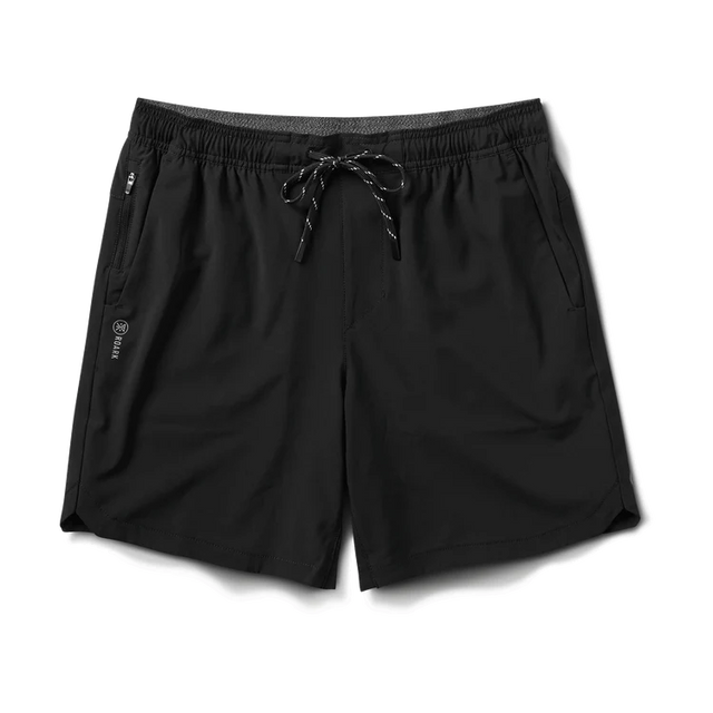 Roark Serrano 7" Active Stretch Shorts in Black with drawstring on a white background