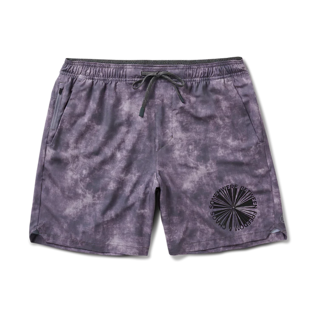 Roark Serrano 7" Active Stretch Shorts in Shark with a black circular design on a white background