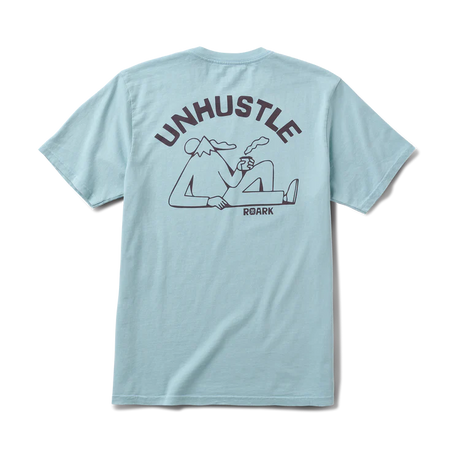 Light blue Roark Unhustle Premium Tee with 'Unhustle' graphic on the back against a white background