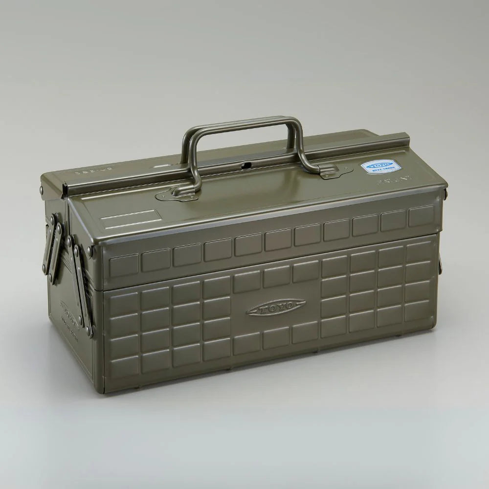 Toyo Steel ST-350 metal toolbox in Military Green with a handle on a gray background