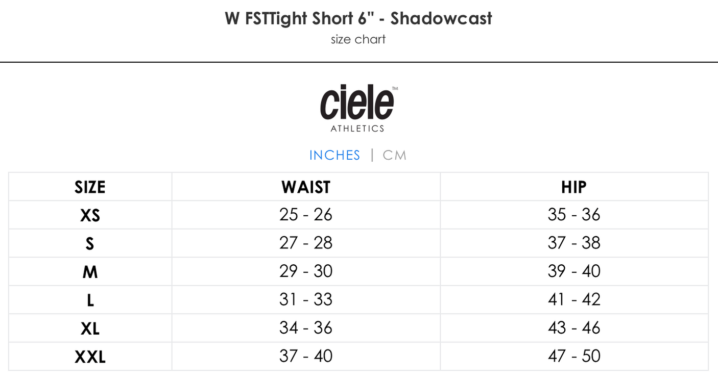 Ciele Athletics W FSTTight Short 6" sizing chart.