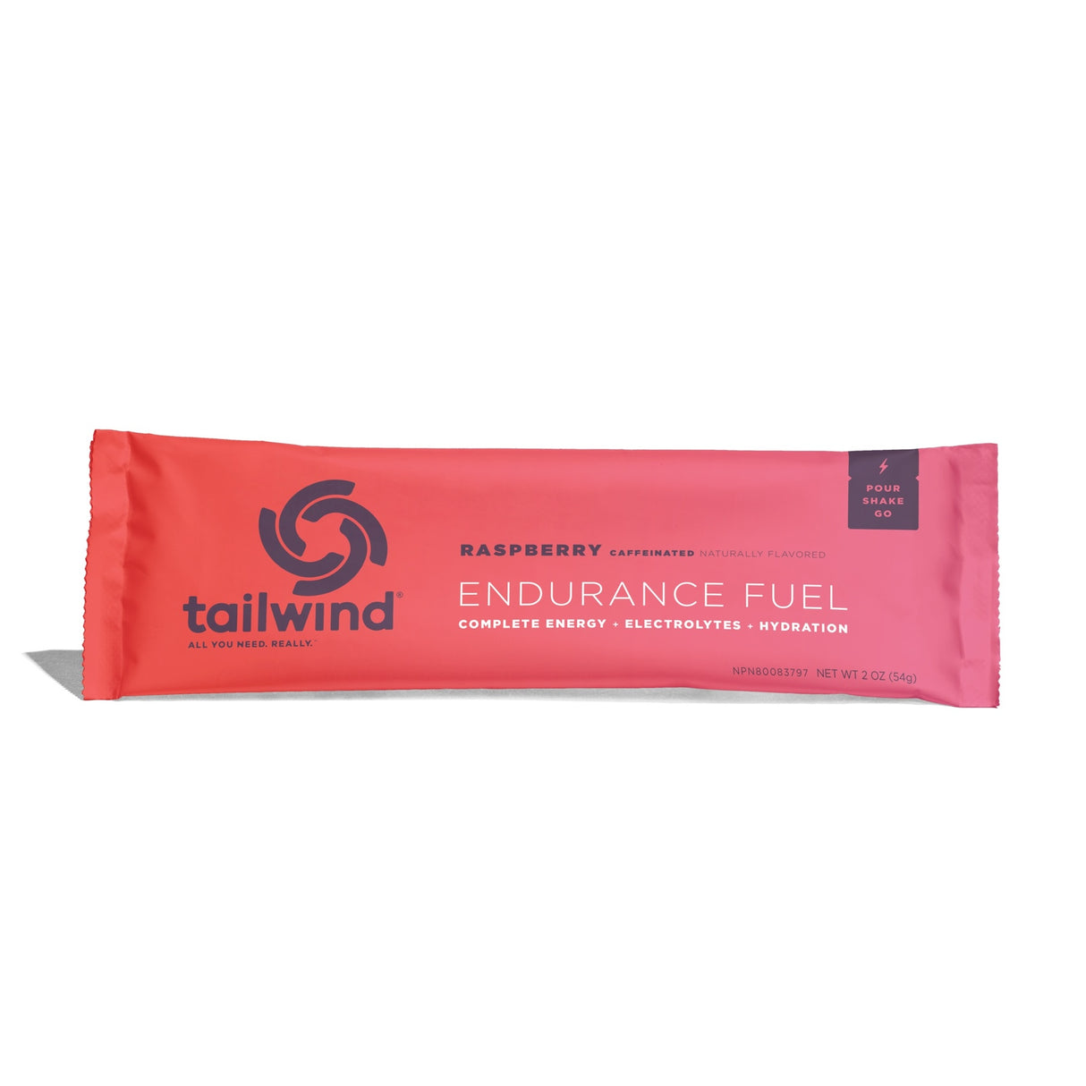Tailwind Nutrition Endurance Fuel in Raspberry (caffeinated) on a neutral background.