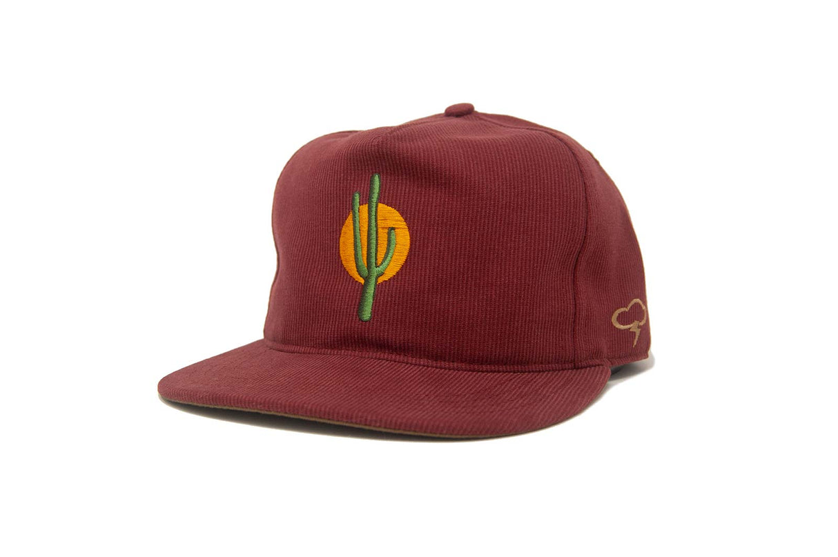 Maroon Ampal Creative Sunset Cactus Cord Strapback Hat with a cactus design on a white background