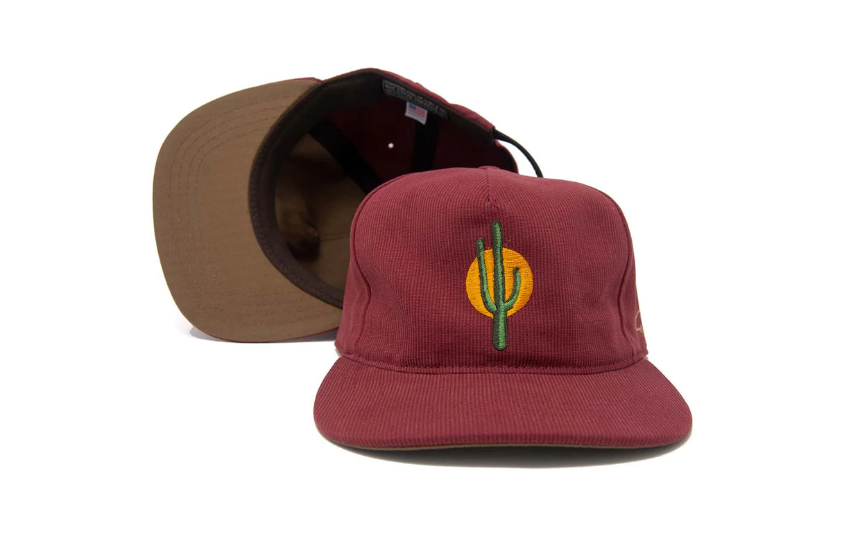 Maroon Ampal Creative Sunset Cactus Cord Strapback Hat with cactus design on a white background