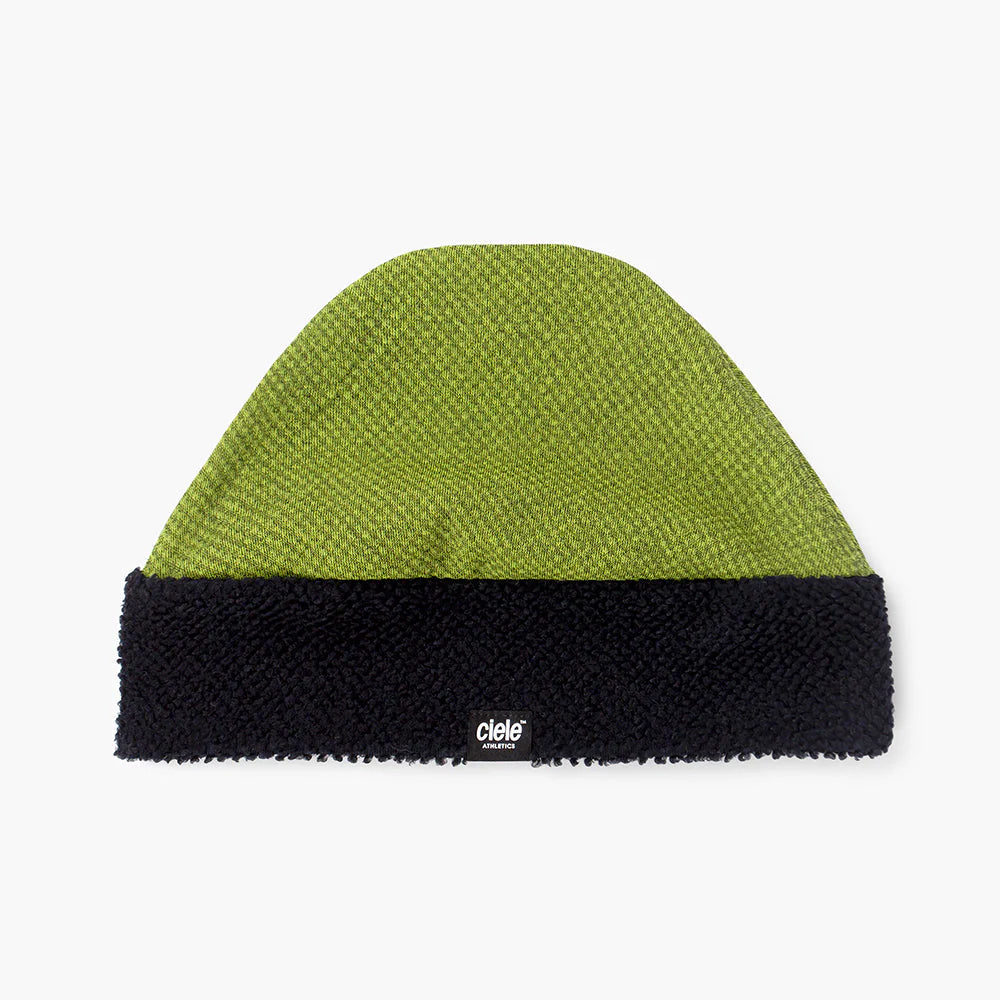 ciele UHBeanie fleece running beanie in Lime Green with 'Ciele' branding on a white background