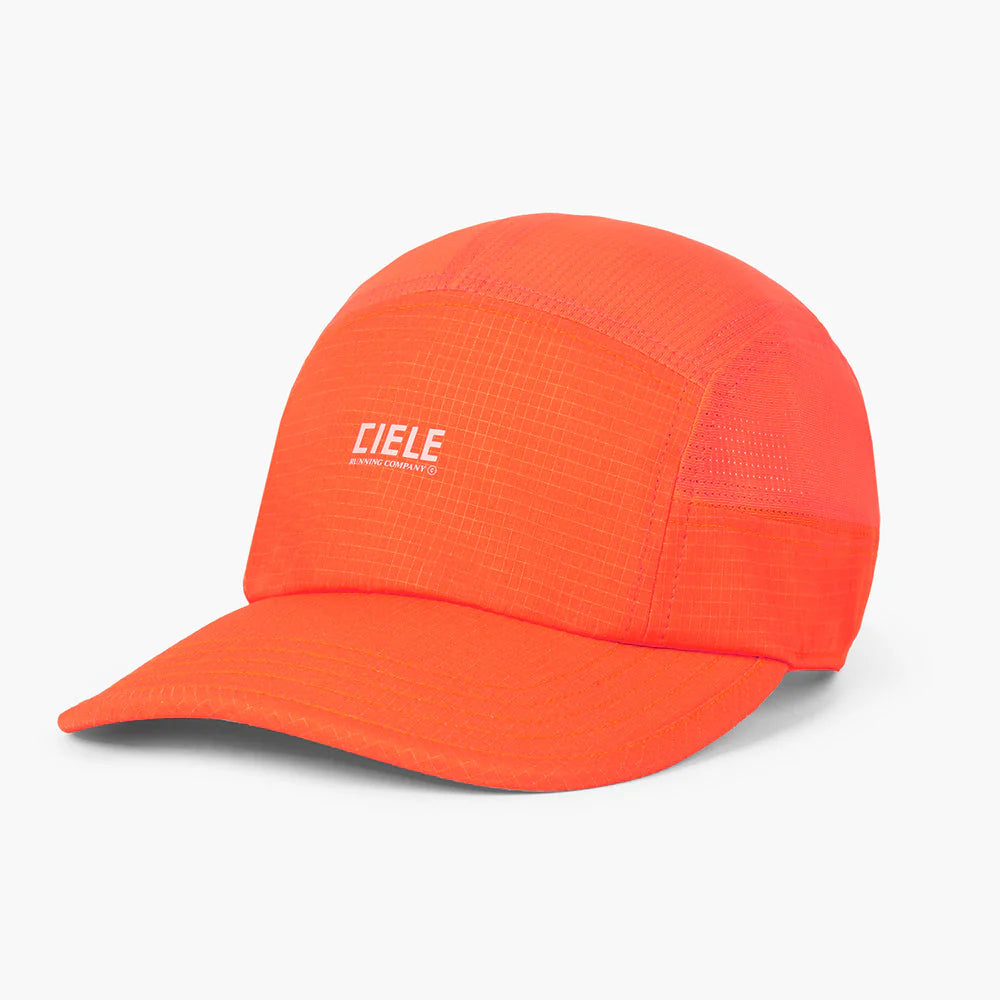 Orange GOCap SC Field - Capital RC running hat in Infrared with mesh design on a light gray background
