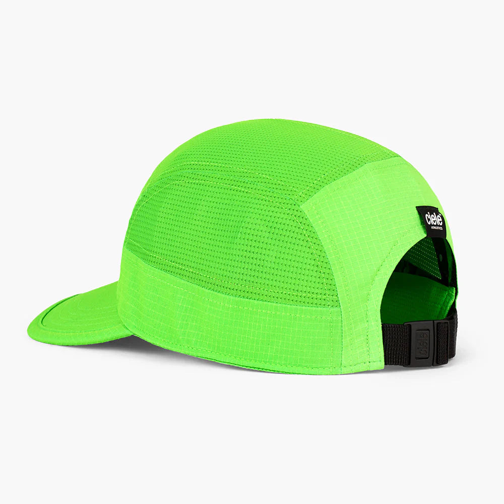 ciele athletics GOCap SC Field - Capital RC running hat in Acid Green with black strap on a light gray background
