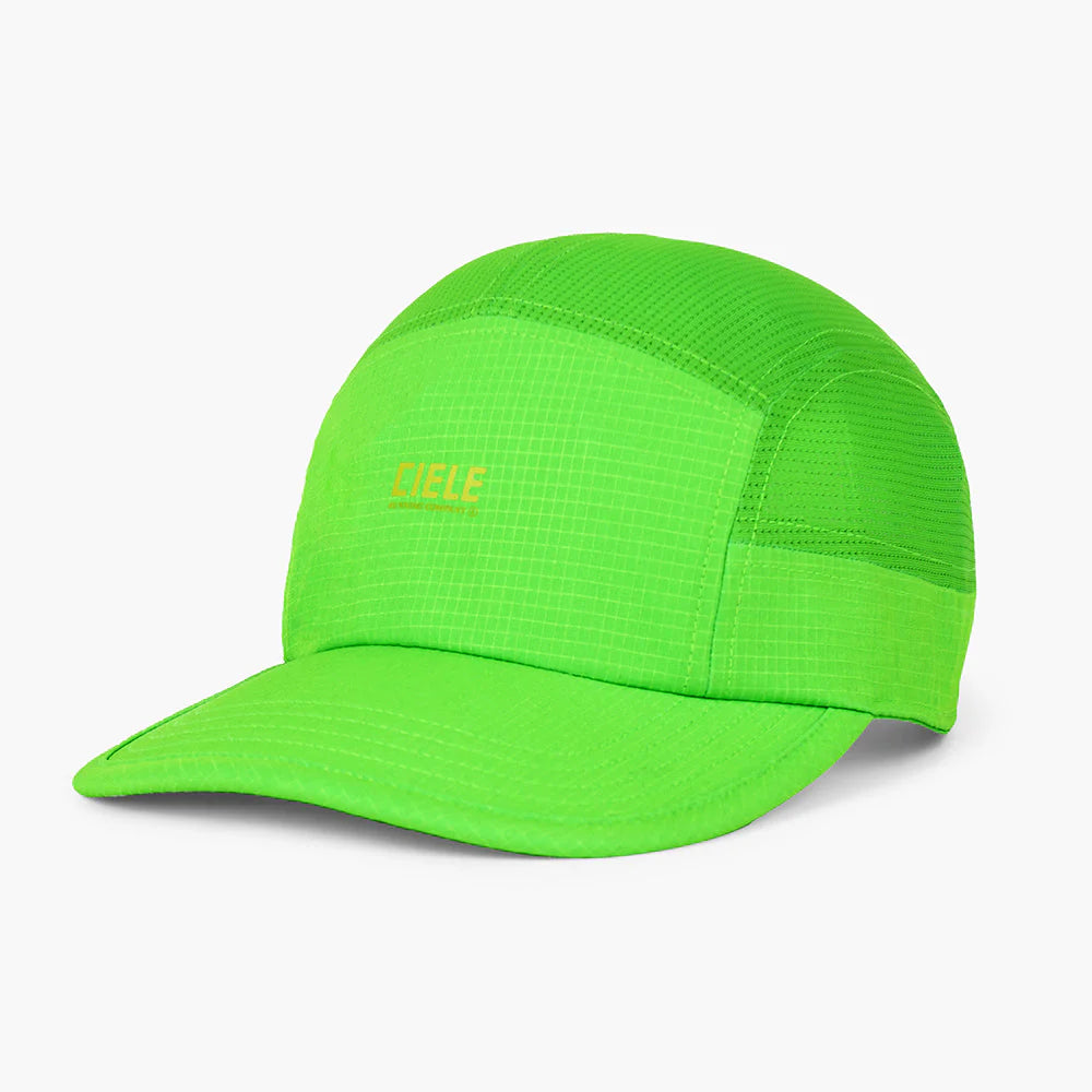 ciele athletics GOCap SC Field - Capital RC running hat in Acid Green on a light gray background