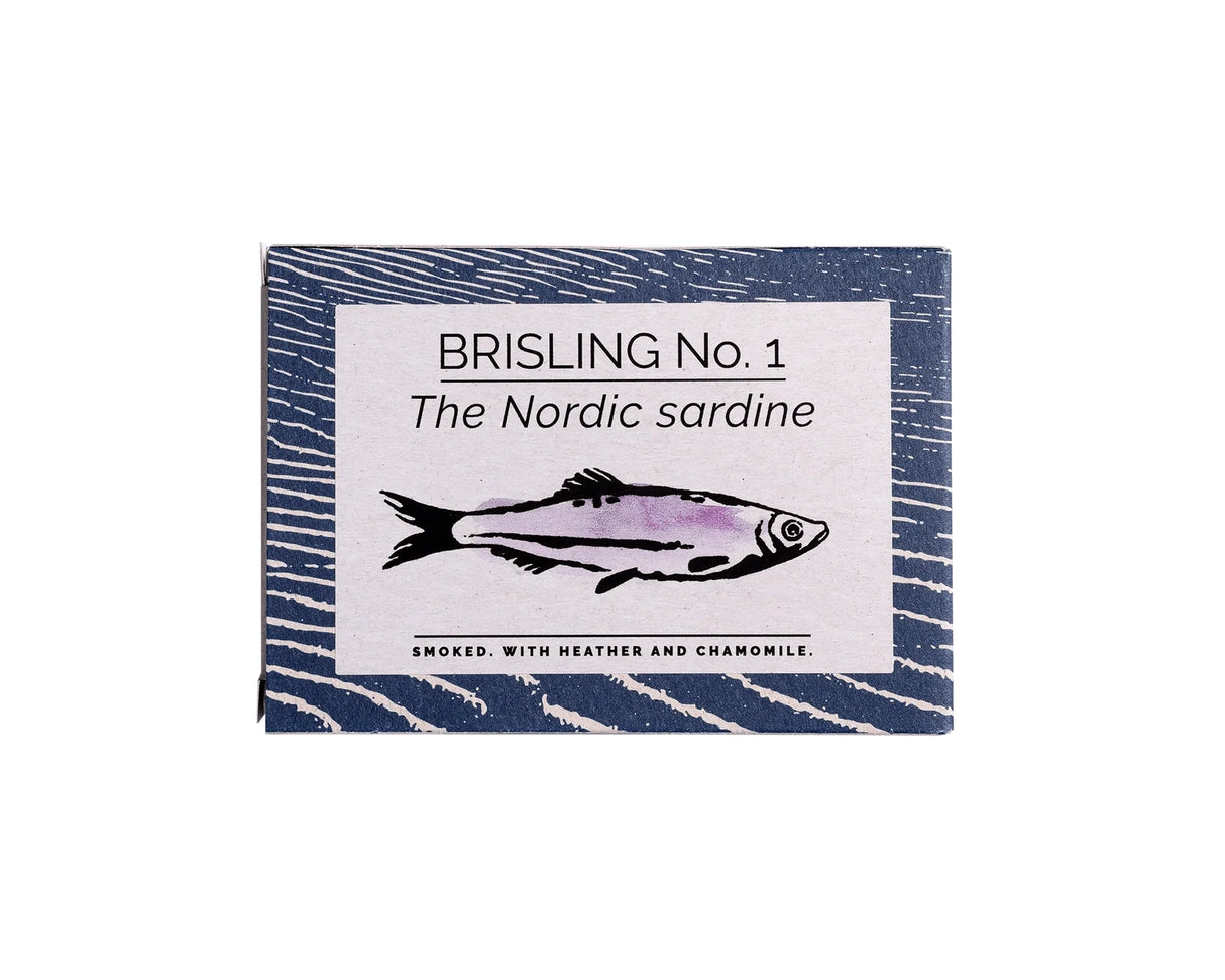 Packaging of Fangst Nordic Smoked Sardine with Heather & Chamomile with fish illustration on a white background