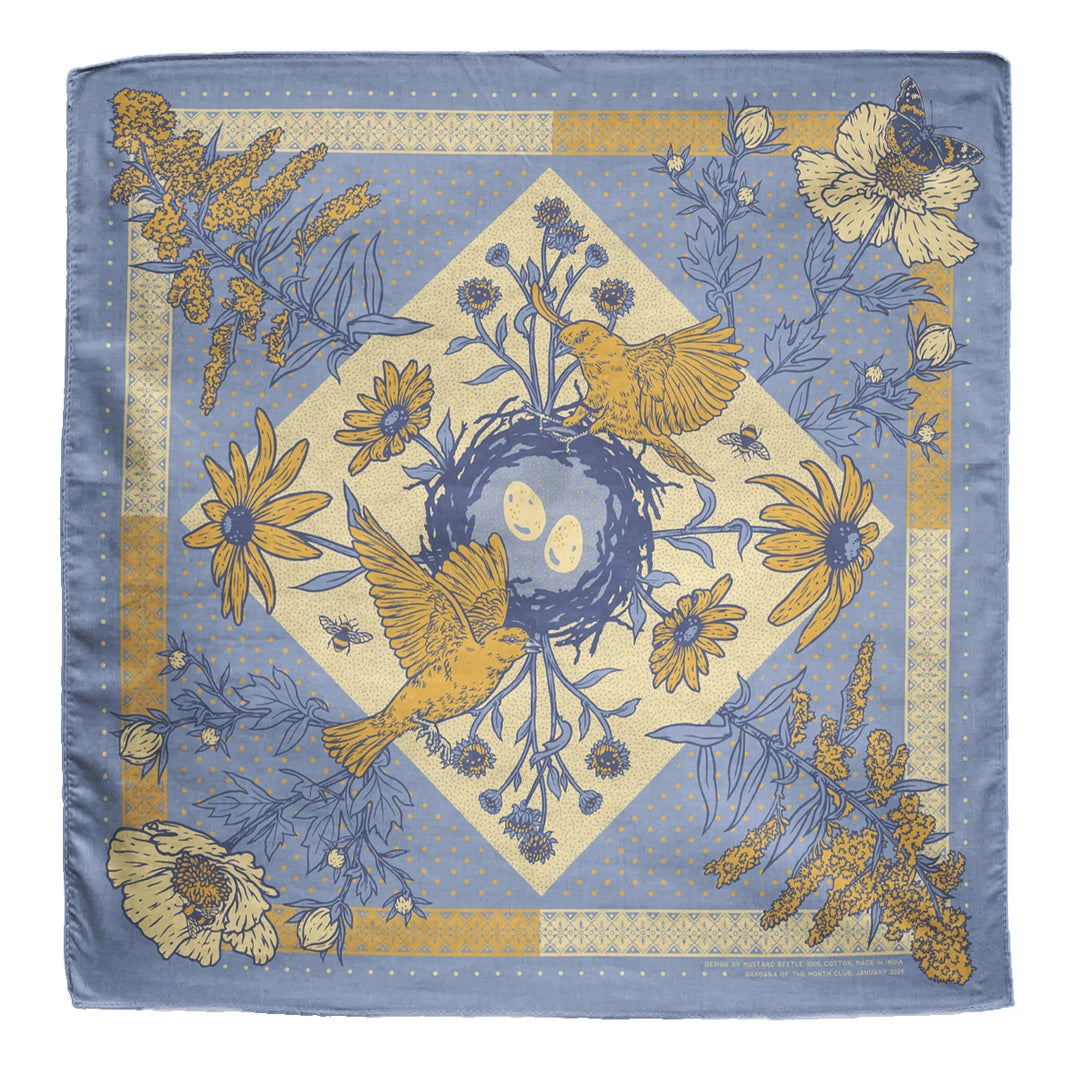 Mustard Beetle Bandana of the Month Club bandana on a neutral background.
