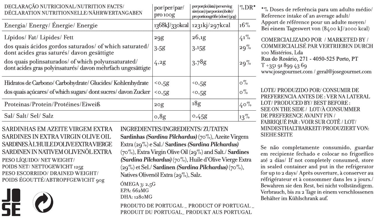 Nutritional facts label for Jose Gourmet Sardines in Extra Virgin Olive Oil with ingredient list and contact information.