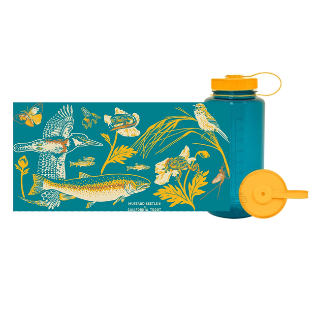 Mustard Beetle Malibu Creek for CalTrout blue Nalgene water bottle with yellow lid and nature-themed design on a white background