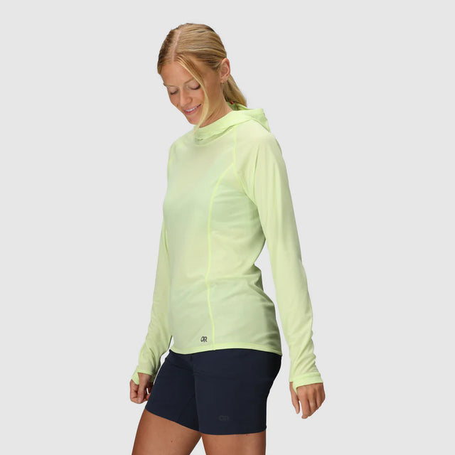 Outdoor Research Women's Echo Hoodie sun hoodie in Cool Matcha on a neutral background.