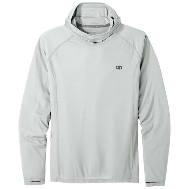 Outdoor Research men's Echo Hoodie sun hoodie in Pebble on a neutral background.