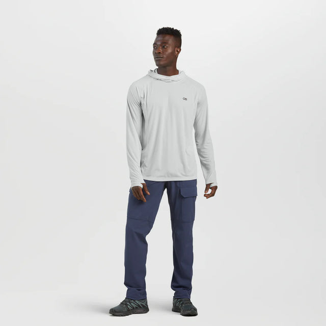 Outdoor Research men's Echo Hoodie sun hoodie in Pebble on a neutral background.
