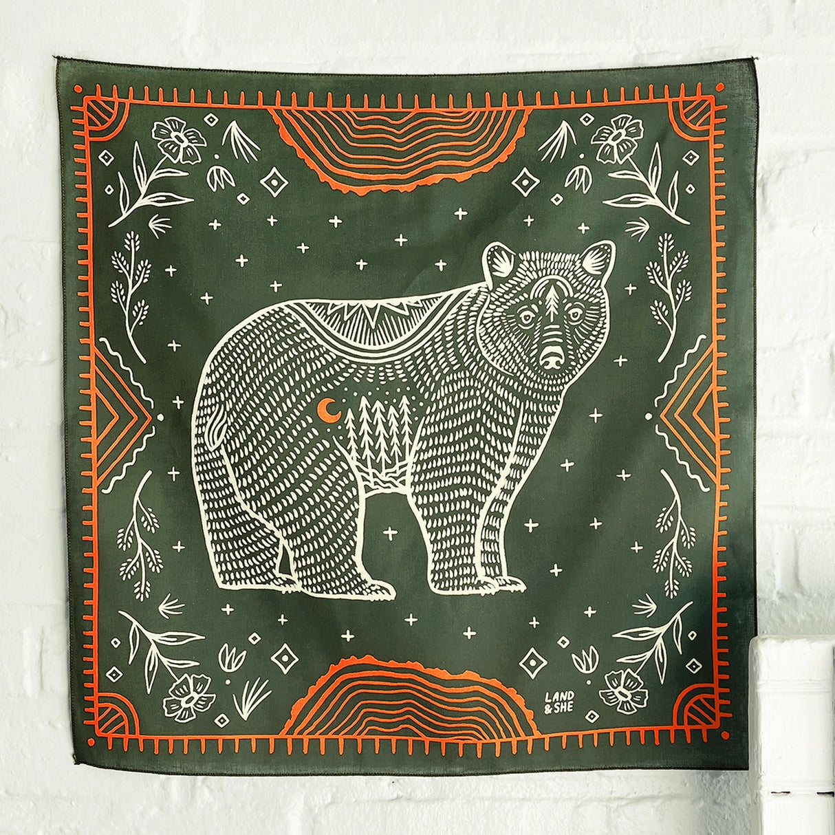 Land & She Pine Bear Bandana on a neutral background.