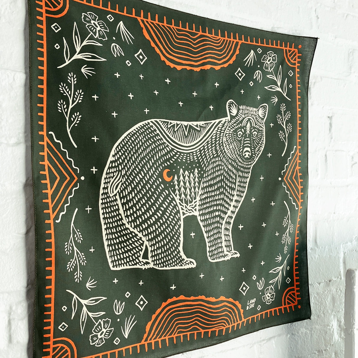 Land & She Pine Bear Bandana on a neutral background.