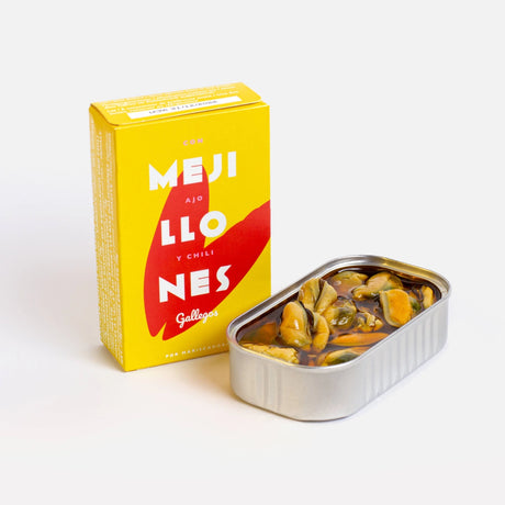 La Narval Galician Mussels with Garlic and Chili on a neutral background.
