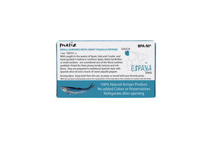 Packaging of Matiz Sardines with Sweet Piquillo Peppers on a white background